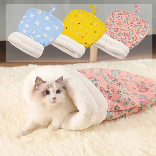 ⏳Time-Limited Special ⏰ Plush Cave-Style Pet Sleeping Bag – Semi-Enclosed Cozy Design Gives Cats Sheltered Tucked-Away Resting Spot, Soft Plush Comfort, Hooded Shape Blocks Indoor Drafts & Easy-Care Washable – 4 Patterns Multiple Sizes 🐱