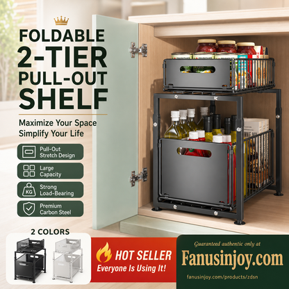⏳Time-Limited Special⏰ 2-Tier Pull-Out Shelf – Independent Double-Tier Sliding, 5-Level Height Adjustable & Sturdy Carbon Steel – Maximize Cabinet Storage Effortlessly 💪