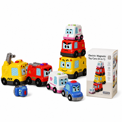 ⏳Time-Limited Special⏰4-Piece Magnetic Electric Toy Car Set with Sound and Light Cartoon Stacking and Crawling Cars for Babies and Toddlers