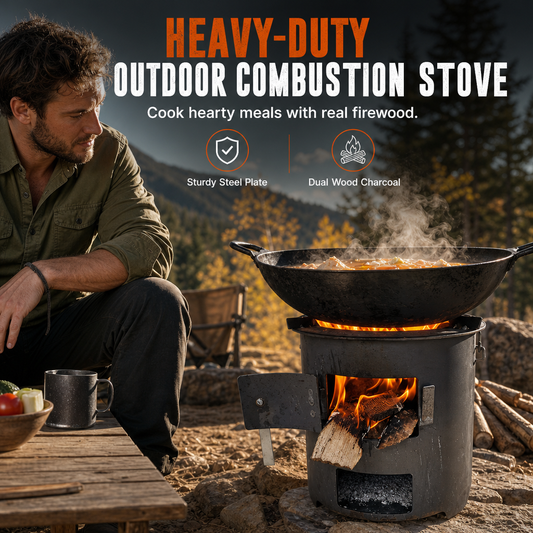⏳Time-Limited Special ⏰ Heavy‑Duty Carbon Steel Camping Stove – Wood & Charcoal, High‑Draft Airflow, 3‑in‑1 Cooktop 🍳