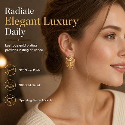 ⏳Time-Limited Special ⏰18K Gold-Plated Double Leaf Earrings – Sparkling CZ, Two-Way Wear Design